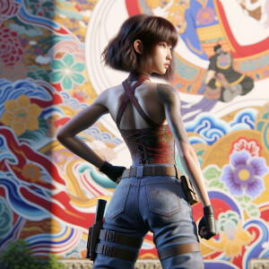 Athletic Thin skinny Attractive, Asian teenage girl, long brown hair and bangs, wearing tight skinny jeans and a halter top paint marks on her clothing, heroic pose Asian graffiti background, backside view