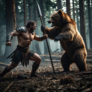 "Imagine a gritty clash where a Spartan warrior, muscles tense a...