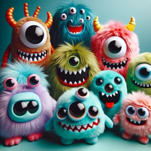 A group of happy cute fluffy toy monster toys.