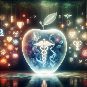 Create a glowing, translucent apple with a medical prrscriptiom...