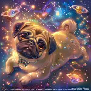Make it a cartoon "A portrait of an adorable pug floating in a c...
