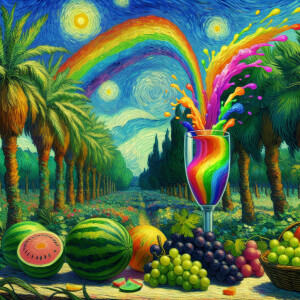 A drinking glass filled with rainbow swirl fluid, sitting on a p...