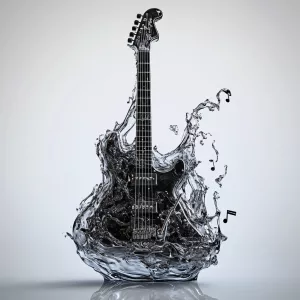 A guitar made of liquid metal flowing the music notes dripping