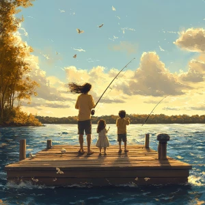 A family fishing off a dock with the water rippling and there ha...