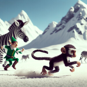 A monkey running through snowy mountains being chased by a zebra...