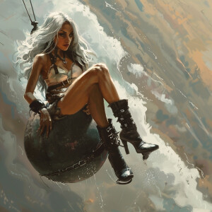 A brunette with grey streaks sitting on top of a cannonball swin...