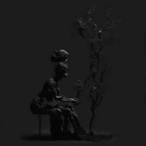 Create an image depicting the silhouette of a curvy woman seated...