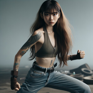 Thin Asian teen girl wearing tight jeans and a halter top Long brown hair and bangs, tattoos on her arms, athletic heroic pose