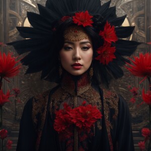 Generate an image of a sophisticated woman adorned in an elabora...