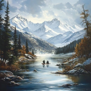 Create an image of a serene flowing river nestled within the maj...