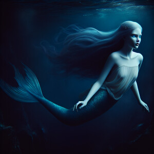 A mermaid with pale skin and cold eyes. Long dark hair. Floating...