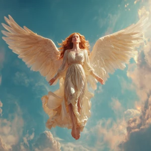 Full-body portrait of a beautiful redhead angel descending from...