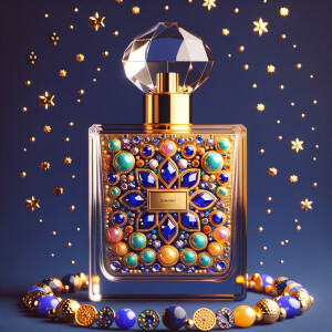 Create a 3-D realistic gold and  blue, colorful jewels perfume bottle
In the shape of a women’s body with the name Karen