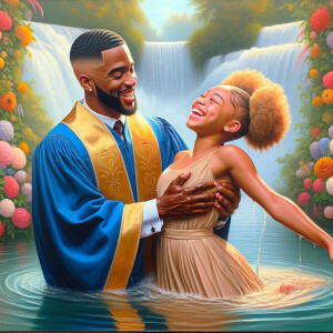 An oil painting of a light-skinned African-American pastor with...