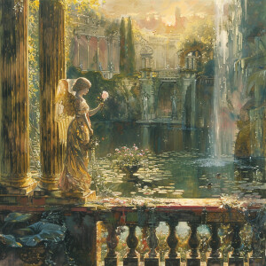 monet viktorian garden gold angel woman statues picking flower b...