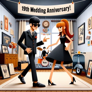 ‘Happy 19th Anniversary!’ Written
A 60s mod vibe with a tan male...