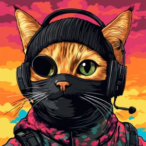 A wide-eyed ginger cat wearing a black tactical balaclava (or ma...