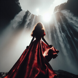 Low angle shot capturing the girl's silhouette In her red silk d...