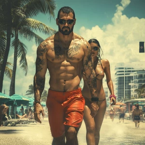 A muscular tattoed criminal walking with his american sweaty aun...