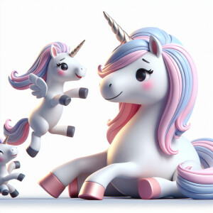 Cute CGI 3d unicorn laying on the ground with legs splayed and a...