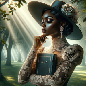 Render an airbrush oil painting of an African American woman with flawless makeup in a
contemplative pose, holding a Bible close to her heart, dressed in an elegant Sunday Best
outfit with a distinctive Church Hat. The background features a peaceful church garden,
with light filtering through the trees, highlighting her spiritual connection and the personal
moment of reflection. The artwork should capture the tranquility of the scene, the beauty
of her attire, and the depth of her contemplation, reflecting a serene and spiritually