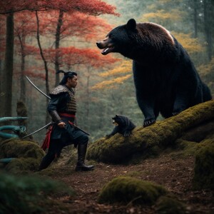Japanese samurai in forest with a black bear standing up attacki...