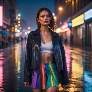 woman with wet hair glowing in city lights, white crop top cling...