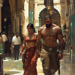 fantasy  painting 1:1.A sweaty muscular man, walking with his 54...