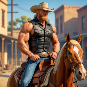 Wanted man muscle dirt blonde hair blonde beard wearing black chaps with blue jeans on a black leather vest. In the morning riding a horse with tan and brown. He is in a old fashion town.