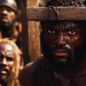 A close-up, gritty cinematic shot of African Jesus's face, etche...