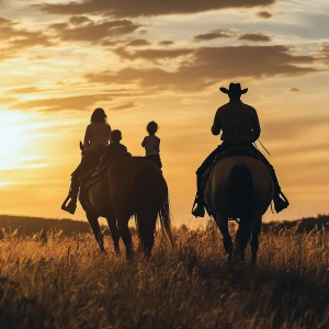 Create a silhouette of 2 generations of family on horseback with...