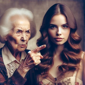 Create a color film photograph from 1973 of an elderly woman poi...