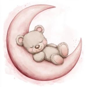 A cute, cartoon teddybear lies on a stylized, rosy-pink crescent moon. The teaddy bear is light gray with large, round, pink-spotted ears.  Its body is round and he has expressive eyes.  its facial expression is happy and friendly. The teddy bears leg and foot are visible, and its posture is relaxed, slumped in the curve of the moon. it's stomach is lying down on the moon with left arm and leg showing hanging down. The moon is a soft, shaded pink, with watercolor-like texture and subtle shading. The background is white. The image is in a child-friendly style, showcasing delicate line work and color palettes. The composition is centered on the teddy bear which is positioned on the moon, giving the moon a hug with closed eyes. The overall style is sweet, whimsical, and reminiscent of children's book illustrations.  The colors are pastel and soothing, creating a gentle atmosphere.