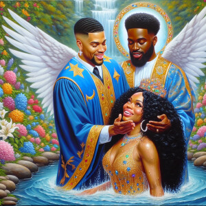 An oil painting depicting a light-skinned African-American pasto...