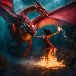 A female water fairy fighting a fire dragon