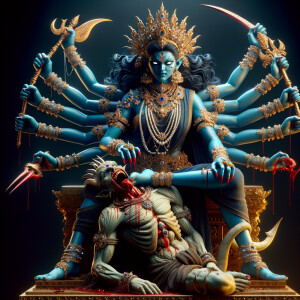 portrait of angry looking, four-armed indian goddess blue skinned sitting on a gold crown and carrying a weak mahishasur on her lap and poking his abdomen with her amazingly long red fingernails . She is wearing diamond armor, a huge diamond crown, black saree, abundant  diamond jewelry, covered in blood. The scene is set in ancient India. The image is 8K resolution, cinematic, photography, ultra detailed face and epic.