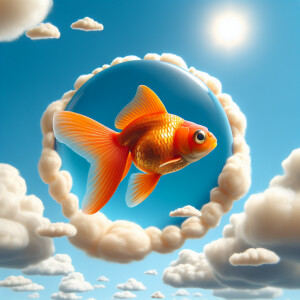 gold fish flying in blue sky