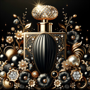 Design a fancy, black and gold bottle of perfume in the shape of a woman’s body. With a golden diamond top, flowers pearls and Diamonds in the name, Karen