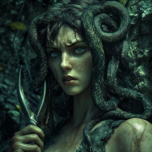 Create an image of Medusa holding shears, her snake hair express...