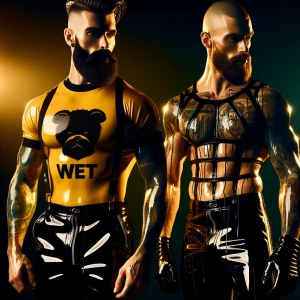 Two muscular bodybuilder men stand close together, both wearing...