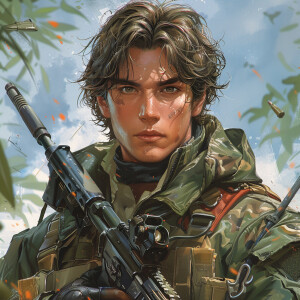 1 handsome man , anime figure, FPS, holding gun in front of ches...