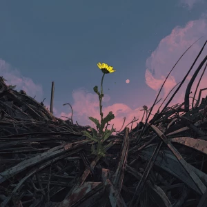 It started to dawn where on a huge pile of metal a small flower...
