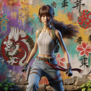 Athletic Thin skinny Attractive, Asian teenage girl, long brown hair and bangs, wearing tight skinny jeans and a halter top paint marks on her clothing, heroic pose Asian graffiti background, backside view