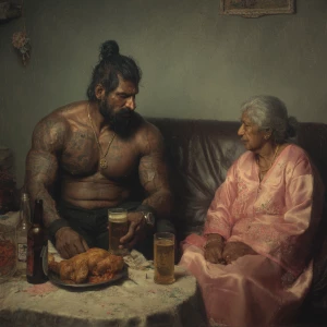 Hyperrealism,painting.a muscular criminal delhi man sitting dr...