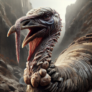 "Create a realistic image of a wild Turkey with an intimidating,...