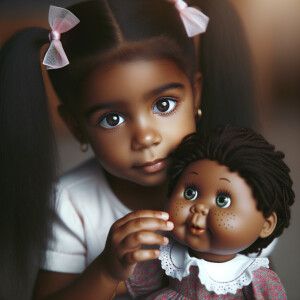 African-American girl with huge Hazel Brown eyes and long, black ponytails with Bows playing with African-American, cabbage Patch doll with huge dimples and freckles