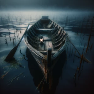 Visualize a weathered rowboat adrift on a mist-covered lake at t...