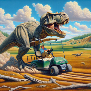 A huge Tyrannosaurus Rex is squeezzing into a small golf cart, c...