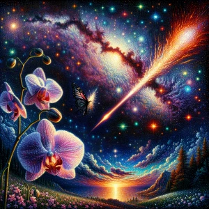 Stars,comet,constellations,orchid,Aurora,butterfly,pointillism,a...