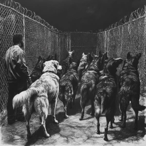 A group of dogs vocally responding to an African-American indivi...
